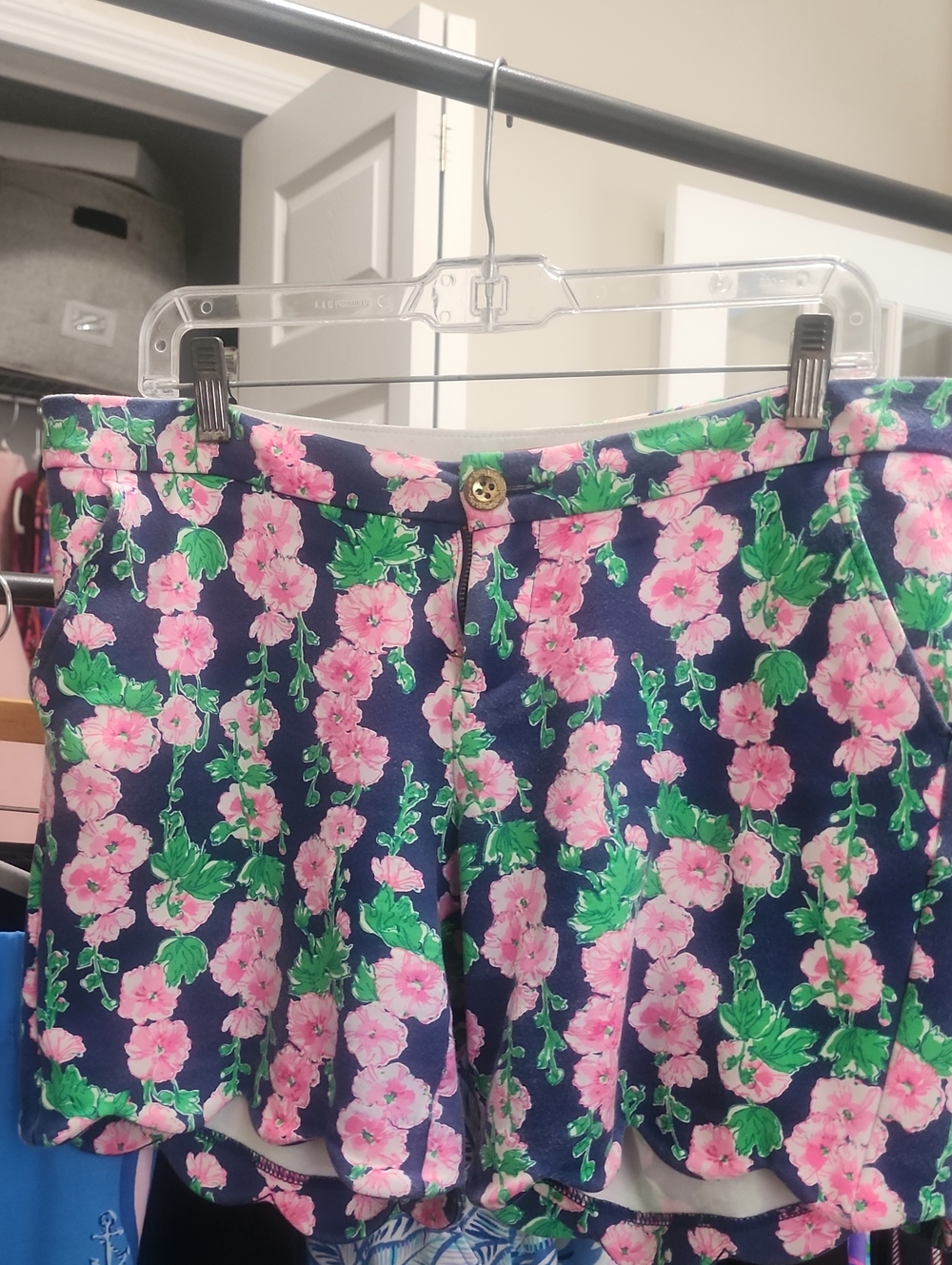 LP Sz 6 GUC Women's Knit Navy Floral Scallop Hem Skirt - Pink & Green